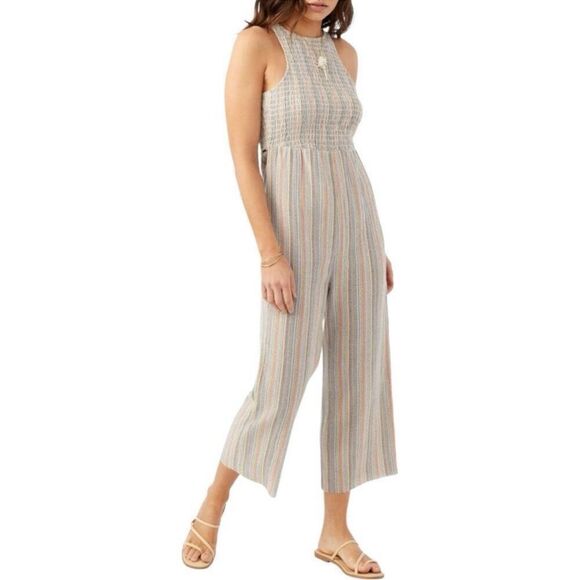 O’Neill dellora Stripe smocked high neck wide leg Jumpsuit size small - Picture 2 of 6